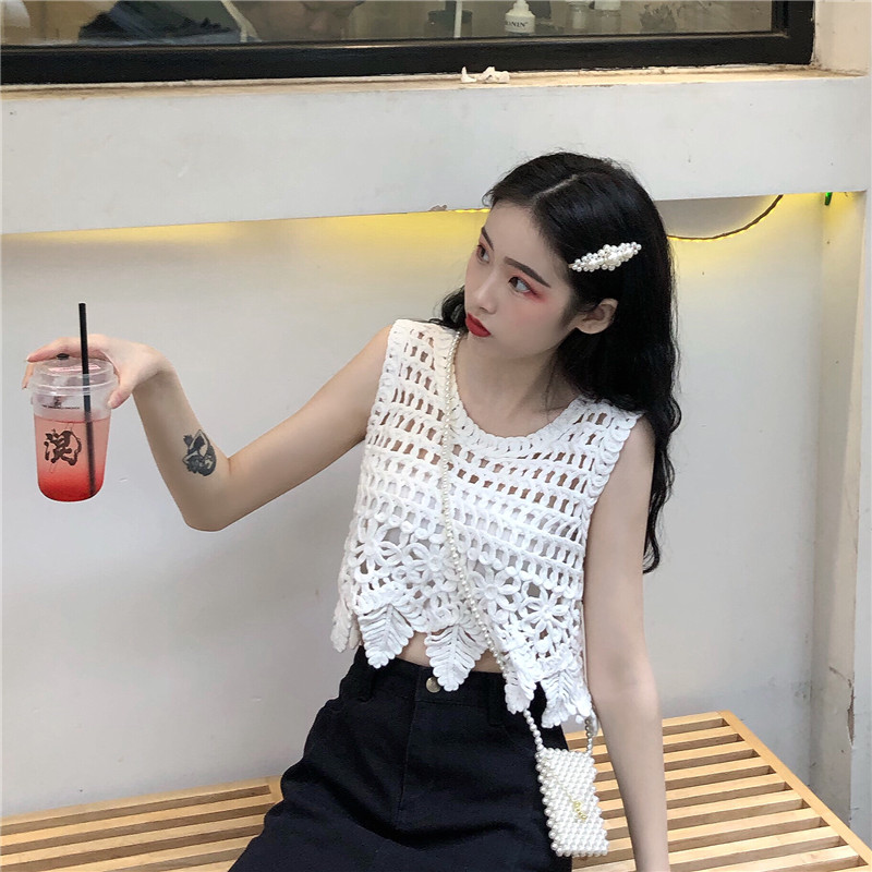 Women's Sleeveless Lace Crop Top - Retro Knitted Hollow-Out Design with Sexy Crochet Details, Perfect for Y2K and Summer Style Women's Sleeveless Lace Crop Top - Retro Knitted Hollow-Out Design with Sexy Crochet Details, Perfect for Y2K and Summer Style