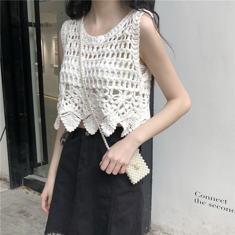 Women's Sleeveless Lace Crop Top - Retro Knitted Hollow-Out Design with Sexy Crochet Details, Perfect for Y2K and Summer Style