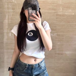 Women's Slim Fit Black 8 Print Short Sleeve T-Shirt - Korean Style Round Neck Pure Cotton Top for Instagram Fashion