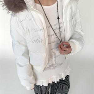 Women's Slim-Fit Black and White Short Cotton Coat with Removable Fur Collar for Winter Fashion