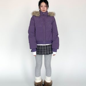 Women's Slim-Fit Black and White Short Cotton Coat with Removable Fur Collar for Winter Fashion