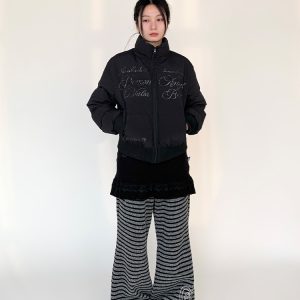 Women's Slim-Fit Black and White Short Cotton Coat with Removable Fur Collar for Winter Fashion