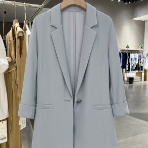 Women’s Slim Fit Blue Blazer Jacket with Seven-Point Sleeves - Trendy Spring/Summer Commuter Style 2025