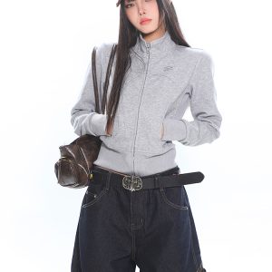Women's Slim Fit Zipper Stand Collar Sweatshirt Jacket - Lazy Casual Long Sleeve Top for Early Spring Style