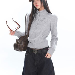 Women's Slim Fit Zipper Stand Collar Sweatshirt Jacket - Lazy Casual Long Sleeve Top for Early Spring Style