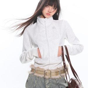 Women's Slim Fit Zipper Stand Collar Sweatshirt Jacket - Lazy Casual Long Sleeve Top for Early Spring Style