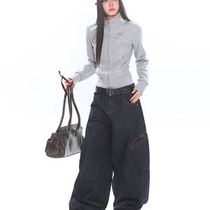 Women's Slim Fit Zipper Stand Collar Sweatshirt Jacket - Lazy Casual Long Sleeve Top for Early Spring Style