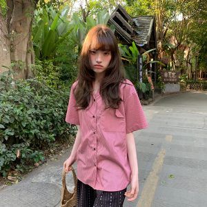 Women's Solid Color Striped Shirt with Folded Corner Pocket, Loose Cuban Collar, Summer 2025 Casual Style