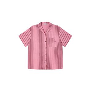 Women's Solid Color Striped Shirt with Folded Corner Pocket, Loose Cuban Collar, Summer 2025 Casual Style