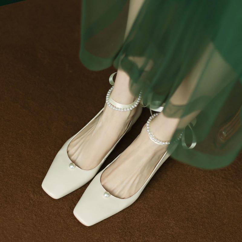 Women's Spring High Heels Mary Jane Shoes with Pearl Buckle and Lace-Up Details - Stylish Italian Design for Elegant Outfits