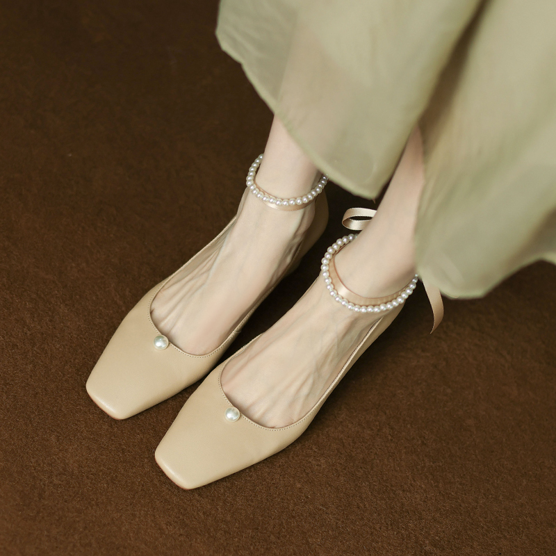 Women's Spring High Heels Mary Jane Shoes with Pearl Buckle and Lace-Up Details - Stylish Italian Design for Elegant Outfits