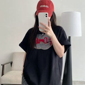 Women’s Spring Summer Short Sleeve T-Shirt - Cold Brew Inspired Two-Color Printed Embroidered Design