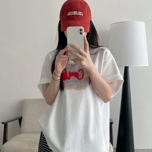 Women’s Spring Summer Short Sleeve T-Shirt - Cold Brew Inspired Two-Color Printed Embroidered Design