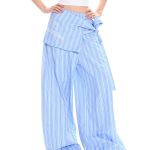Women's Spring Summer Striped Tie Fake Shirt Casual Wide-Leg Pants - Floor-Length Loose Fit for Commuter Style