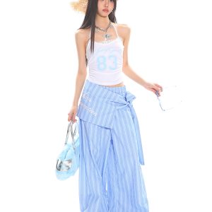 Women's Spring Summer Striped Tie Fake Shirt Casual Wide-Leg Pants - Floor-Length Loose Fit for Commuter Style