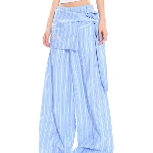 Women's Spring Summer Striped Tie Fake Shirt Casual Wide-Leg Pants - Floor-Length Loose Fit for Commuter Style