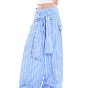 Women's Spring Summer Striped Tie Fake Shirt Casual Wide-Leg Pants - Floor-Length Loose Fit for Commuter Style