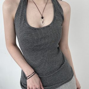 Women's Striped Halter Neck Backless Tank Top - Casual Slim Fit Summer Camisole for Versatile 90s Y2K Style
