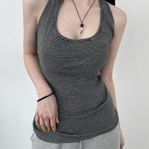 Women's Striped Halter Neck Backless Tank Top - Casual Slim Fit Summer Camisole for Versatile 90s Y2K Style