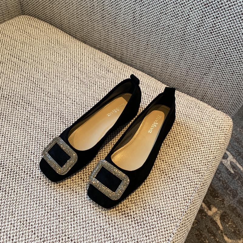 Women's Suede Flats with Rhinestone Square Buckle, Spring 2025 Style, Shallow Mouth Square Toe, Trendy Footwear