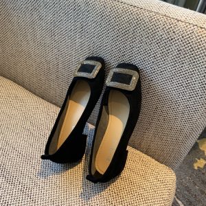 Women's Suede Flats with Rhinestone Square Buckle, Spring 2025 Style, Shallow Mouth Square Toe, Trendy Footwear