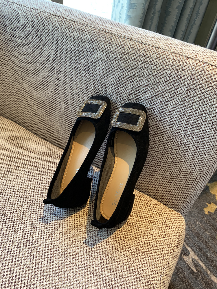 Women's Suede Flats with Rhinestone Square Buckle, Spring 2025 Style, Shallow Mouth Square Toe, Trendy Footwear Women's Suede Flats with Rhinestone Square Buckle, Spring 2025 Style, Shallow Mouth Square Toe, Trendy Footwear