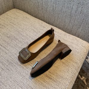 Women's Suede Flats with Rhinestone Square Buckle, Spring 2025 Style, Shallow Mouth Square Toe, Trendy Footwear