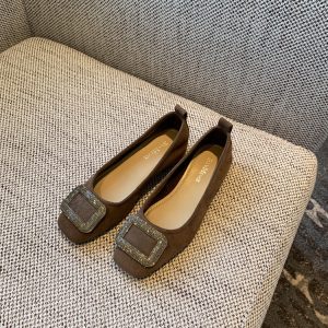 Women's Suede Flats with Rhinestone Square Buckle, Spring 2025 Style, Shallow Mouth Square Toe, Trendy Footwear