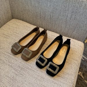 Women's Suede Flats with Rhinestone Square Buckle, Spring 2025 Style, Shallow Mouth Square Toe, Trendy Footwear