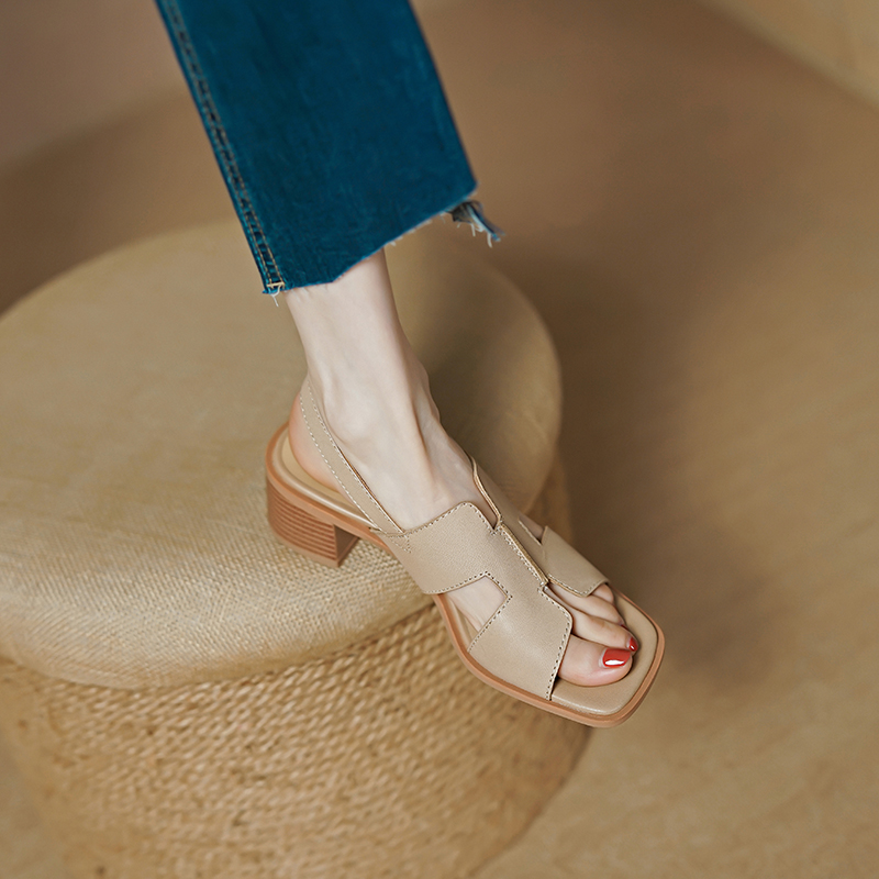 Women's Summer 2025 Chunky High Heel Sandals - Non-Luxury Genuine Leather, Square-Toe, Open-Toe, Versatile One-Strap Design