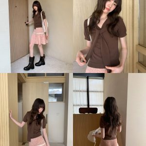 Women's Summer 2025 Irregular Flowing Tie-Knit V-Neck Short Sleeve T-Shirt - Trendy French Style