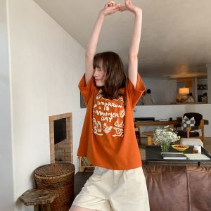 Women's Summer 2025 Loose Slim Round Neck Printed T-Shirt - Simple Element Design, Short Sleeve, Casual Style