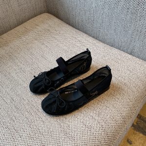 Women's Summer 2025 Mary Jane Shoes - Bowknot, Mesh, Flat, Square Toe, Shallow Mouth, National Style, Trendy Footwear
