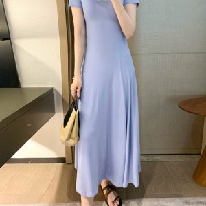 Women's Summer 2025 Round Neck Ribbed Striped A-Line Dress, Spliced Flared Skirt, Waist-Cinching, Solid Color, Cotton