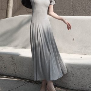 Women's Summer 2025 Round Neck Ribbed Striped A-Line Dress, Spliced Flared Skirt, Waist-Cinching, Solid Color, Cotton