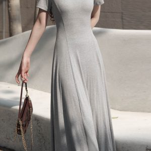 Women's Summer 2025 Round Neck Ribbed Striped A-Line Dress, Spliced Flared Skirt, Waist-Cinching, Solid Color, Cotton