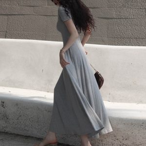 Women's Summer 2025 Round Neck Ribbed Striped A-Line Dress, Spliced Flared Skirt, Waist-Cinching, Solid Color, Cotton