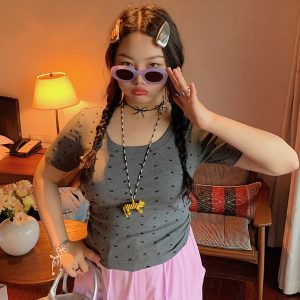 Women's Summer 2025 Short Sleeve Waist-Cinching Slim Fit T-Shirt - Stylish Casual Top for 90s and Y2K Inspired Looks