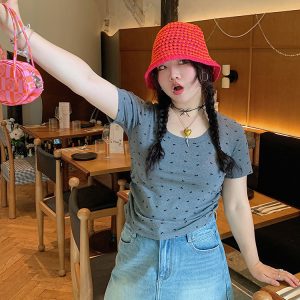 Women's Summer 2025 Short Sleeve Waist-Cinching Slim Fit T-Shirt - Stylish Casual Top for 90s and Y2K Inspired Looks