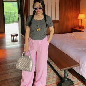 Women's Summer 2025 Short Sleeve Waist-Cinching Slim Fit T-Shirt - Stylish Casual Top for 90s and Y2K Inspired Looks