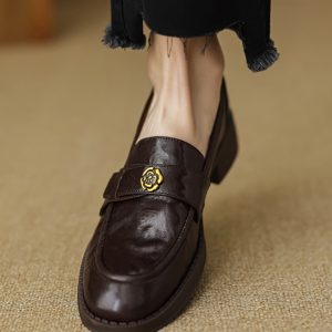 Women's Summer 2025 Soft Bottom Loafers - British Style Flat Heel Leather Shoes with Camellia Design