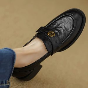 Women's Summer 2025 Soft Bottom Loafers - British Style Flat Heel Leather Shoes with Camellia Design