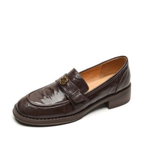 Women's Summer 2025 Soft Bottom Loafers - British Style Flat Heel Leather Shoes with Camellia Design