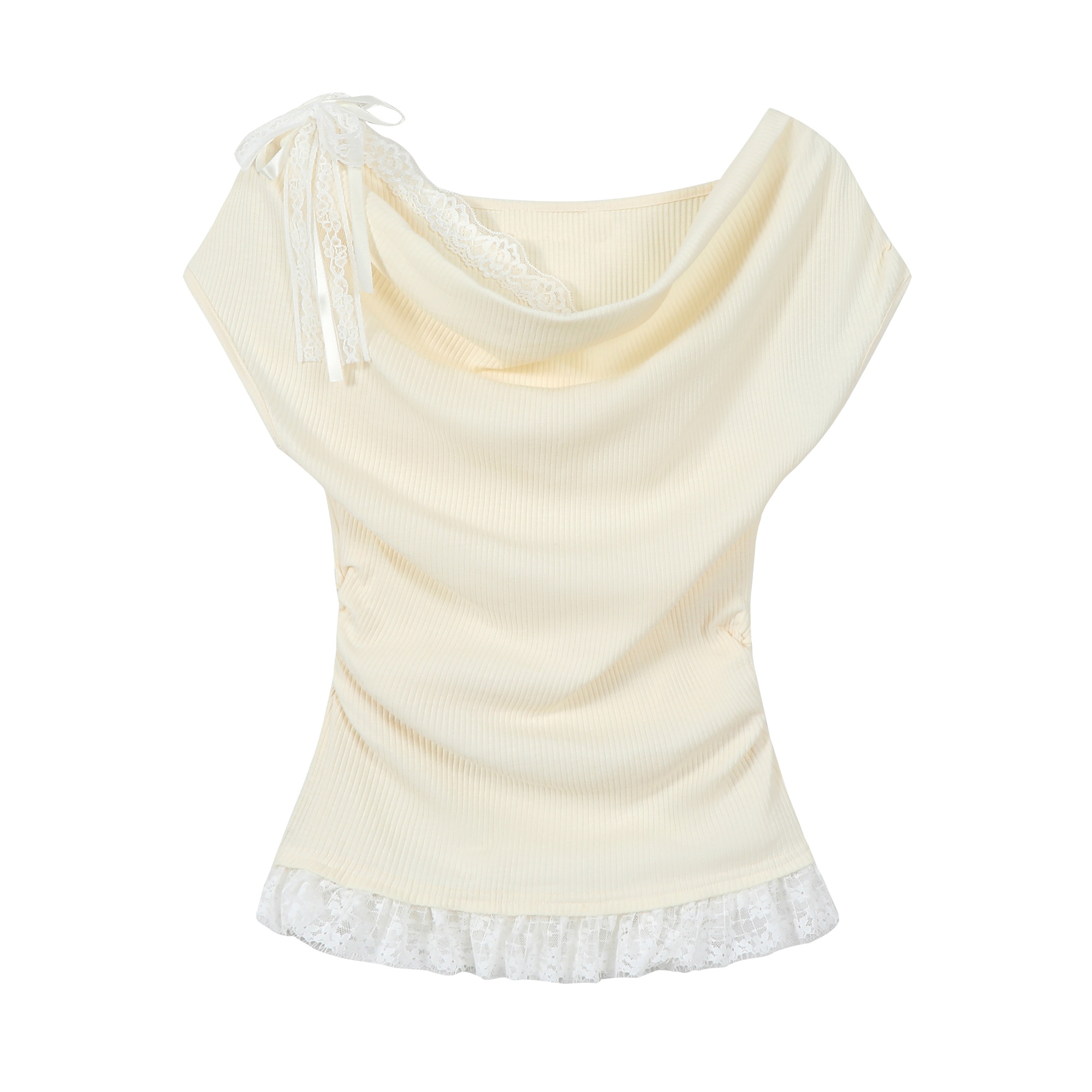 Women's Summer Apricot Color Short Sleeve Faux Two-Piece Waist-Cinched T-Shirt - Stylish Unique Design for a Chic Look