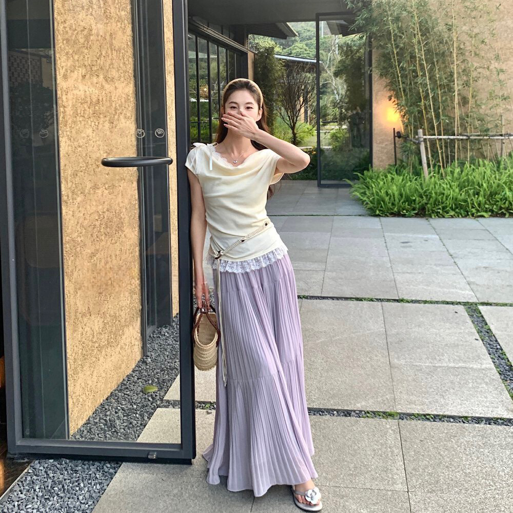 Women's Summer Apricot Color Short Sleeve Faux Two-Piece Waist-Cinched T-Shirt - Stylish Unique Design for a Chic Look