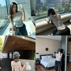 Women's Summer Asymmetrical Off-Shoulder Backless Tencel Top - Short Sleeve Hot Girl Style T-Shirt