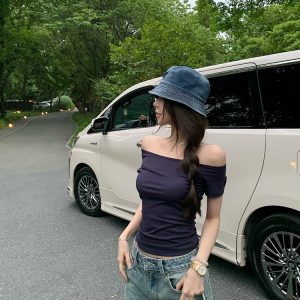 Women's Summer Asymmetrical Off-Shoulder Backless Tencel Top - Short Sleeve Hot Girl Style T-Shirt