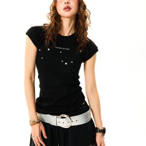 Women's Summer Black Slim Fit Short Sleeve T-Shirt with Flutter Sleeves - Versatile American Style Fashion Top