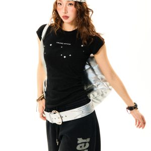 Women's Summer Black Slim Fit Short Sleeve T-Shirt with Flutter Sleeves - Versatile American Style Fashion Top