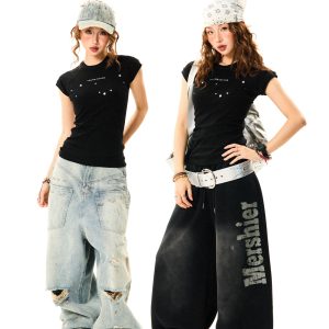 Women's Summer Black Slim Fit Short Sleeve T-Shirt with Flutter Sleeves - Versatile American Style Fashion Top